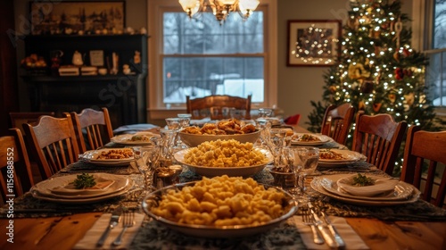 Cozy Holiday Setting with Festive Table and Charming Christmas Tree