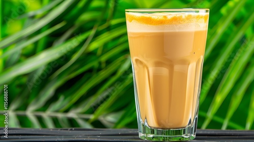 Refreshing Creamy Beverage in a Clear Glass against Green Background photo