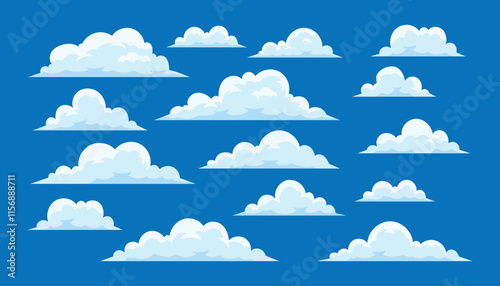 Flat clouds collection on blue background. Illustration in flat style. Cloudy vector cartoon illustration. Nature abstract elements. Group of clouds.
