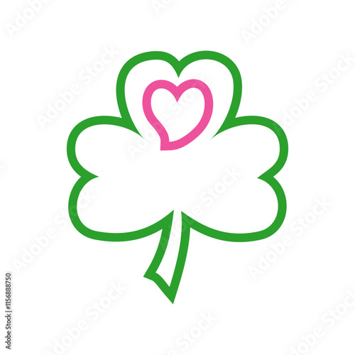 Día de San Patricio. Logo con silueta de trébol de tres hojas con un corazón rosa con linea exterior 