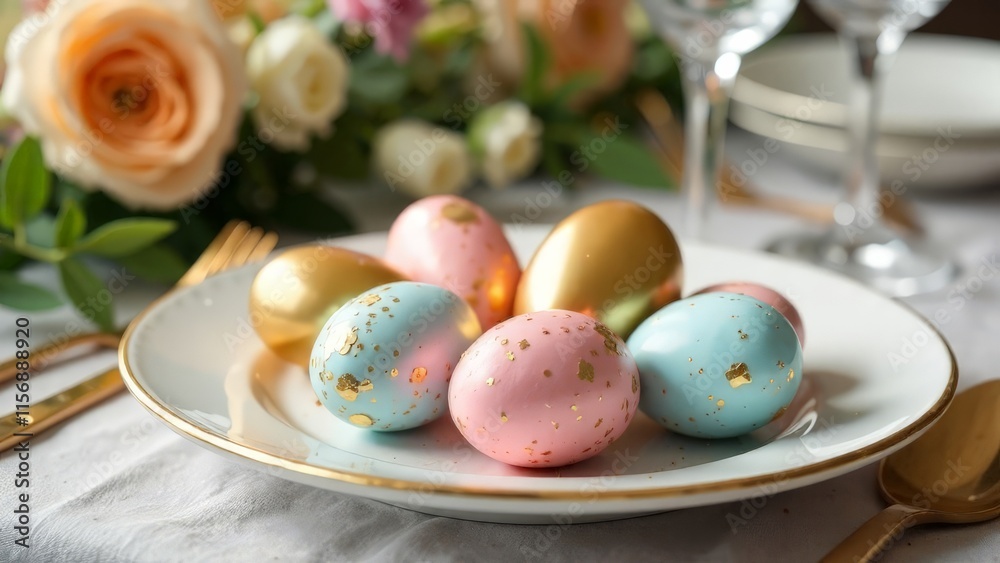 Easter table setting with painted golden eggs. Easter table setting with painted golden eggs.