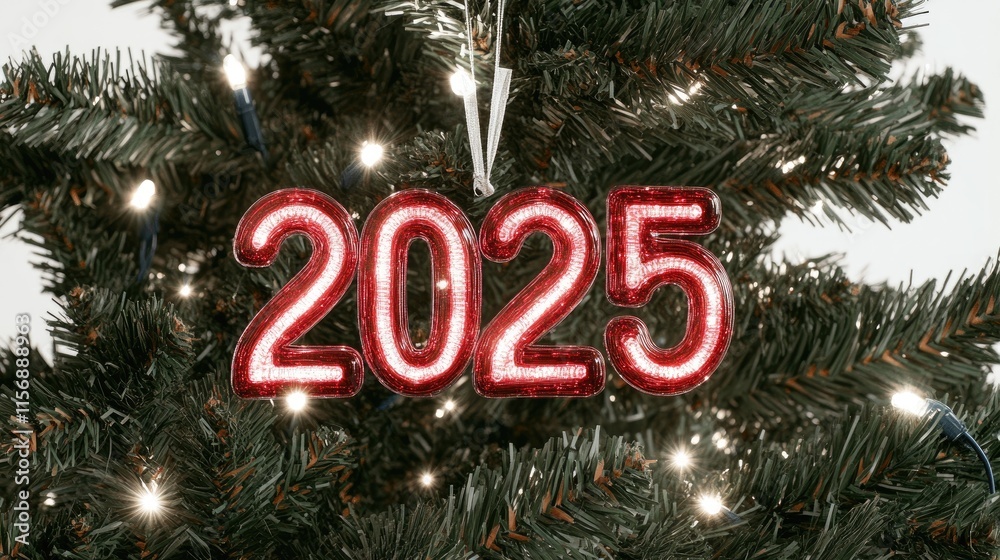 Festive Christmas Tree with Illuminated 2025 Ornament and Twinkling Lights for Holiday Celebration