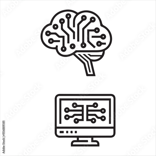 A simple, line art graphic of a brain overlaid with circuit board patterns, and a computer monitor displaying similar circuit board patterns.