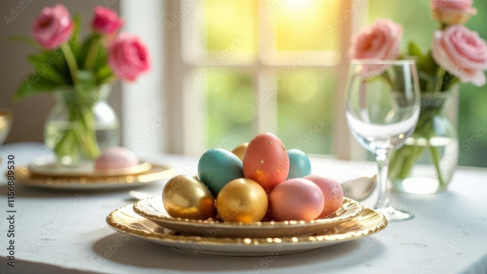 Easter table setting with painted golden eggs. Easter table setting with painted golden eggs.