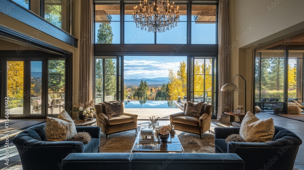 Obraz premium Luxe living room featuring a custom chandelier, velvet armchairs, and floor-to-ceiling windows opening to a terrace