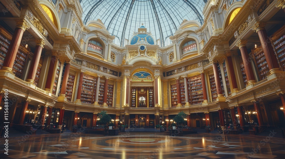 Obraz premium Opulent interior library with books and vaulted dome ceiling.