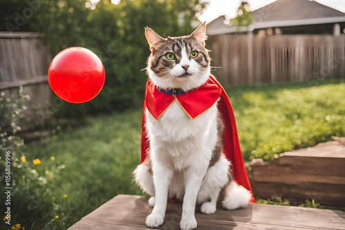 A goofy cat in a superhero cape perches on a dog's head, the dog looking confused, in a cheerful backyard with a fence, a red ball, and fluffy clouds.