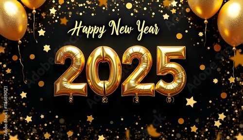  Happy New Year display with gold balloons, sparkling decorations