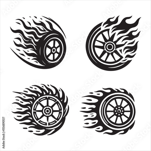 Four black and white stylized fire-themed car wheel graphics. vector silhouette on a white background