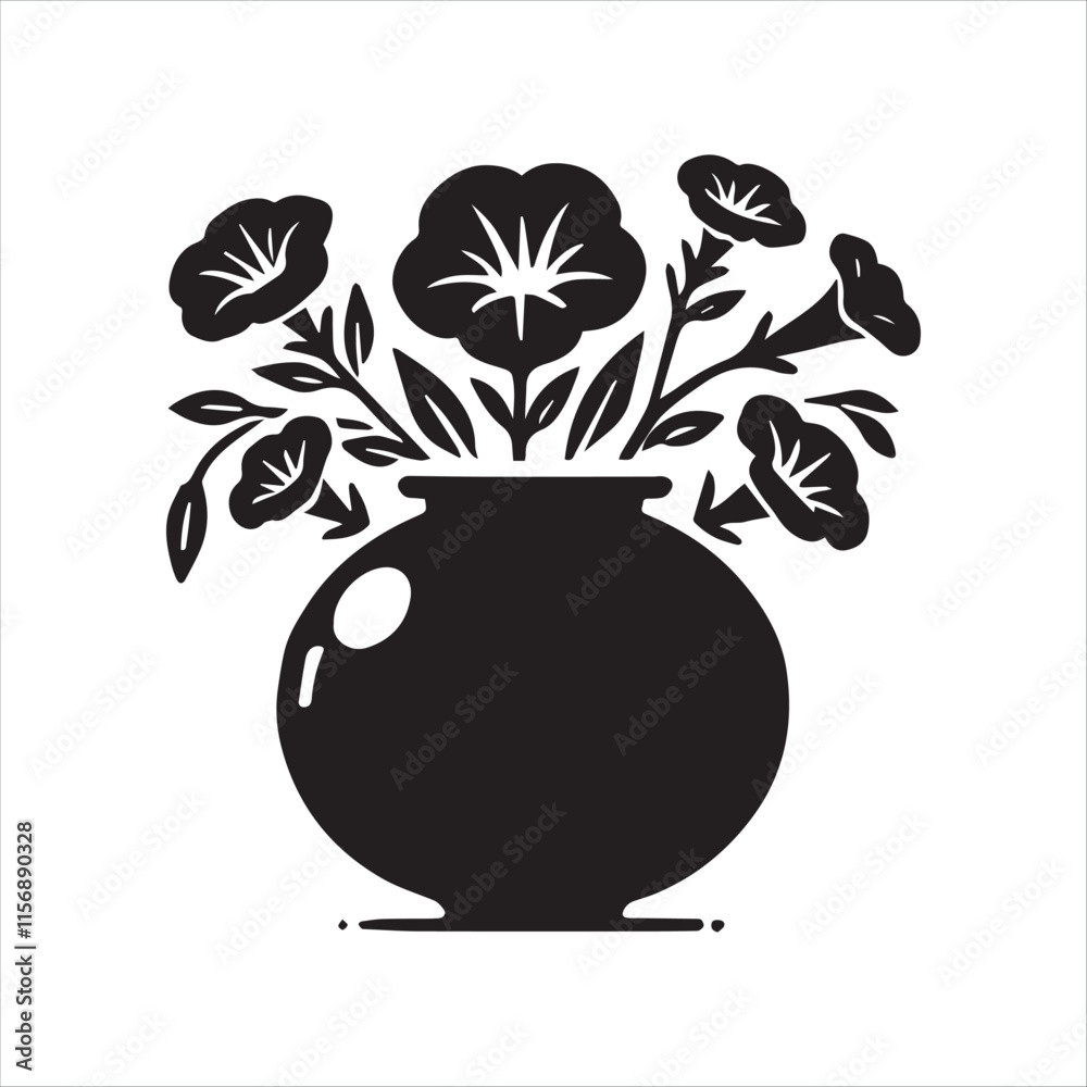 Black and white illustration of flowers in a vase. vector silhouette on a white background Black and white illustration of flowers in a vase. vector silhouette on a white background