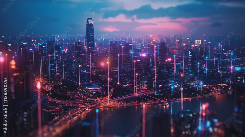 Fototapeta premium smart, digital, city, connection, network, innovation, Smart digital Innovation city with connection network reciprocity over the cityscape. of future smart wireless digital city and social media netw