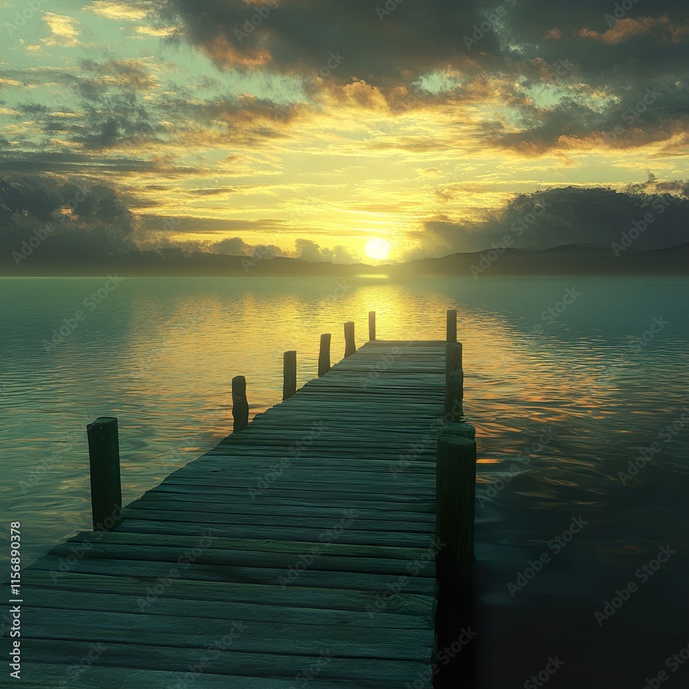 Fototapeta premium Sunset over the Lake: Serene Dock and Golden Sky
