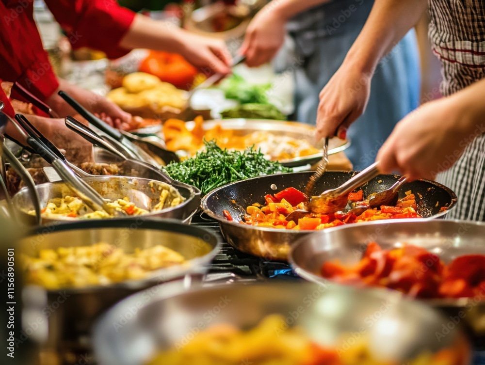 Group preparing and serving food together, a mix of smiles and culinary action, vibrant home kitchen Group preparing and serving food together, a mix of smiles and culinary action, vibrant home kitchen