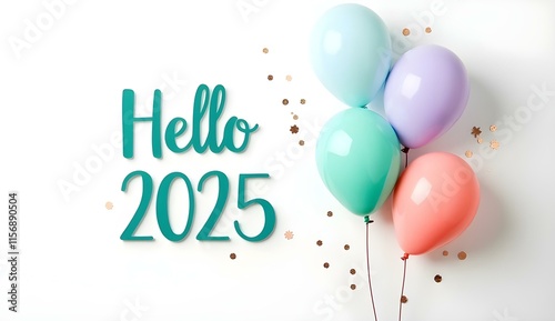 Minimalist Hello 2025 design featuring pastel balloons, confetti, and a clean white background for festive New Year themes.