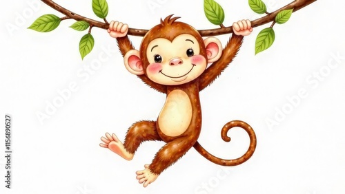 Illustration of a monkey hanging on a tree on a white background.