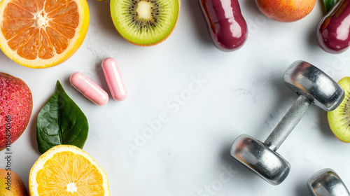 Diet Pill for Fat and Weight Loss Concept, Colorful array of fruits and fitness elements with dietary supplements and dumbbell on a light background photo