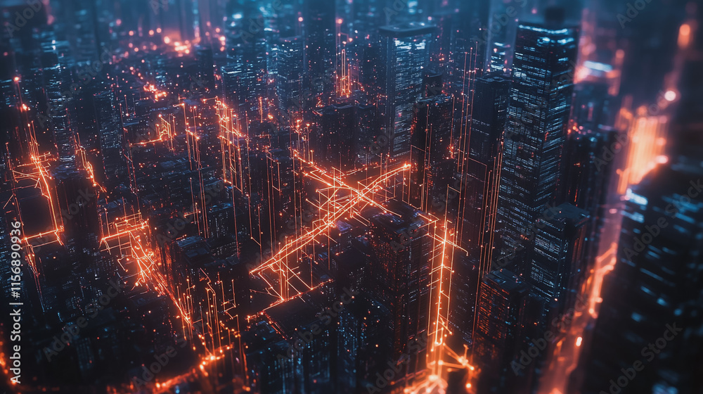 Fototapeta premium smart, digital, city, connection, network, innovation, Smart digital Innovation city with connection network reciprocity over the cityscape. of future smart wireless digital city and social media netw