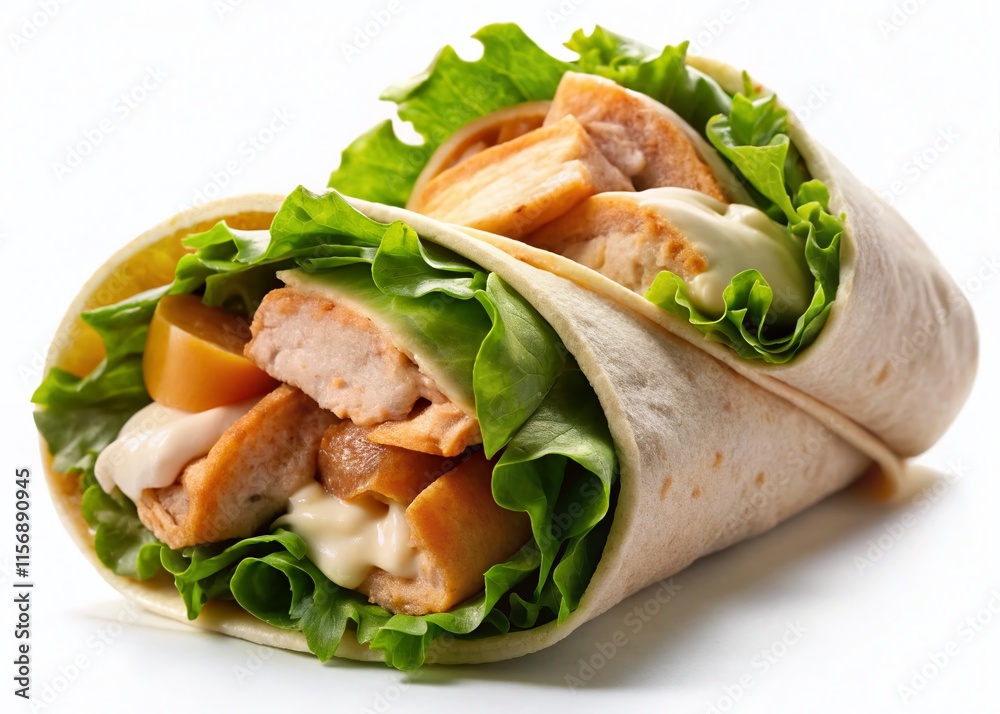 Delicious Chicken Caesar Wrap Isolated on White Background - Healthy Lunch Meal Delicious Chicken Caesar Wrap Isolated on White Background - Healthy Lunch Meal
