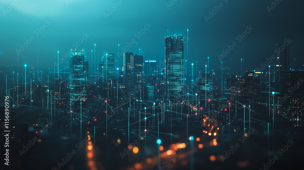 Fototapeta premium smart, digital, city, connection, network, innovation, Smart digital Innovation city with connection network reciprocity over the cityscape. of future smart wireless digital city and social media netw