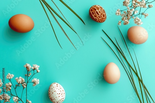 Colorful Eggs on Turquoise Background with Green Grass and White Flowers