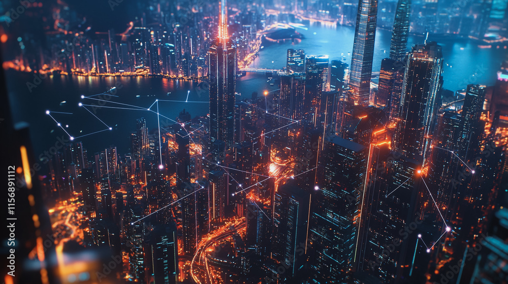 Fototapeta premium smart, digital, city, connection, network, innovation, Smart digital Innovation city with connection network reciprocity over the cityscape. of future smart wireless digital city and social media netw