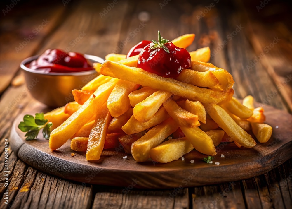 Delicious Crispy French Fries Dipped in Ketchup at Night Delicious Crispy French Fries Dipped in Ketchup at Night