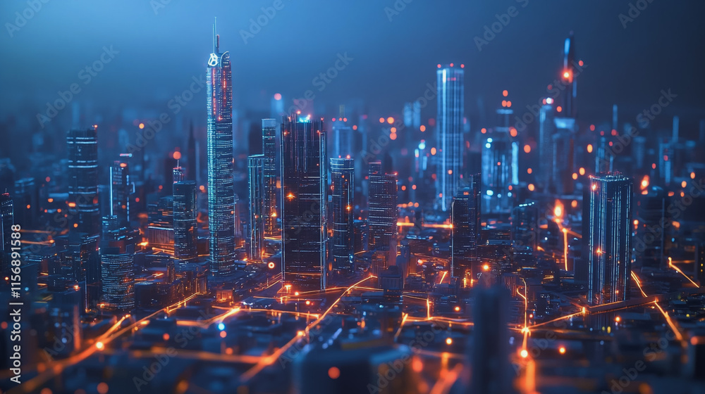 Fototapeta premium Smart digital Innovation city with connection network reciprocity over the cityscape. of future smart wireless digital city and social media networking systems that connects people with in city