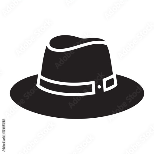 A classic fedora hat silhouette, rendered in bold black lines. vector silhouette on a white background