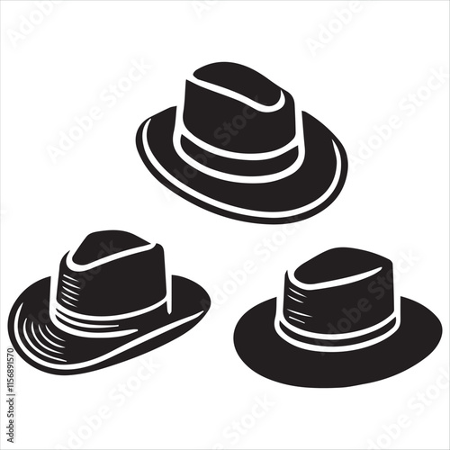 A classic fedora hat silhouette, rendered in bold black lines. vector silhouette on a white background