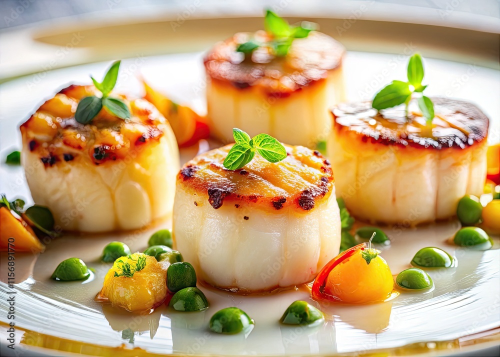 Savor succulent pan-seared scallops; a gourmet appetizer, perfectly seared for a fine dining experience. Savor succulent pan-seared scallops; a gourmet appetizer, perfectly seared for a fine dining experience.