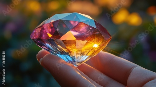 A hand holding a colorful diamond reflecting light in a vibrant outdoor setting.