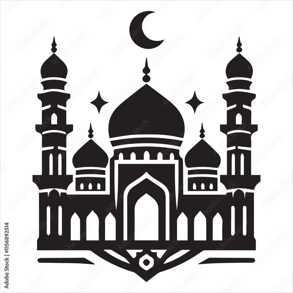 Elegant Black and White Ramadan Kareem Mosque Design vector silhouette on a white background Elegant Black and White Ramadan Kareem Mosque Design vector silhouette on a white background