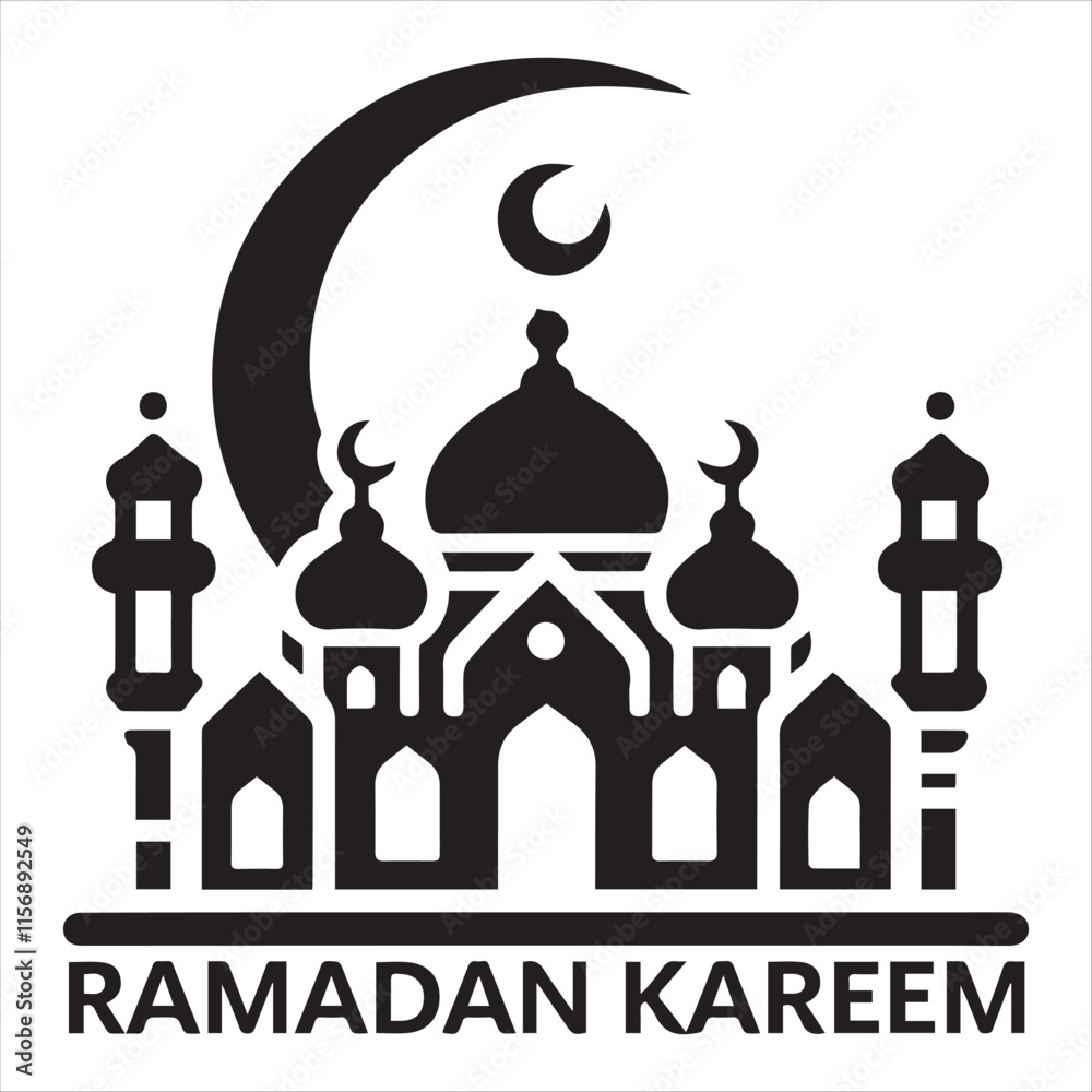 Obraz premium Elegant Black and White Ramadan Kareem Mosque Design vector silhouette on a white background