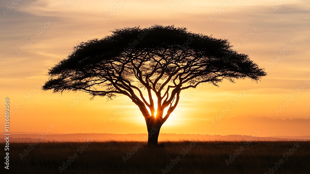 Fototapeta premium Majestic Acacia Silhouette at Golden Hour Sunrise, African Savanna Photo. AI Generated