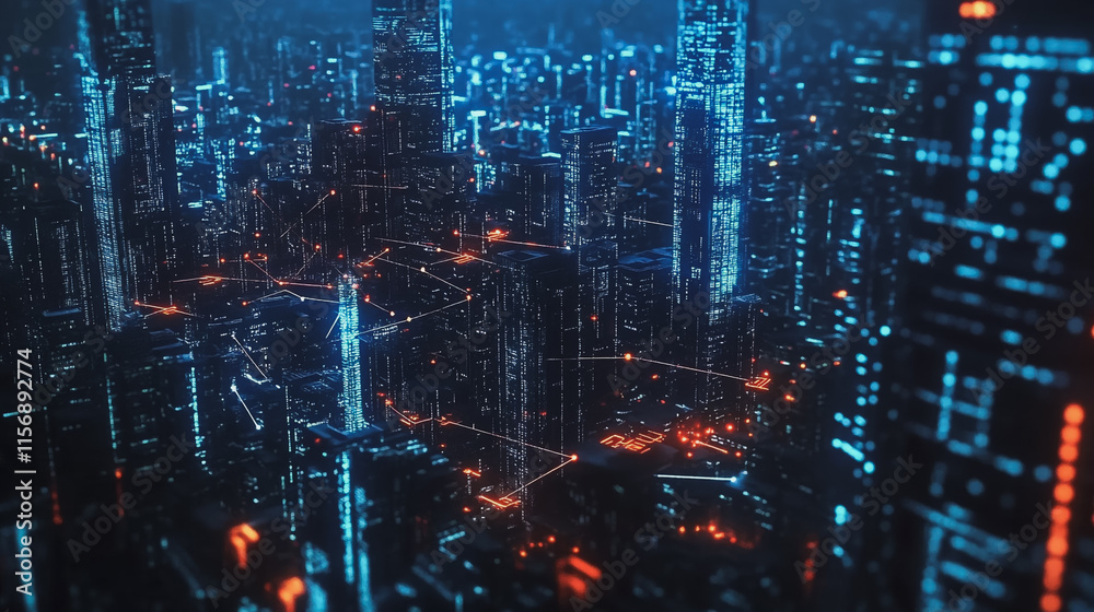 Fototapeta premium Smart digital Innovation city with connection network reciprocity over the cityscape. of future smart wireless digital city and social media networking systems that connects people with in city
