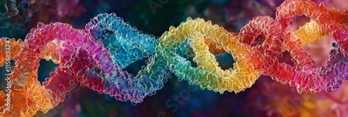 A vibrant and colorful depiction of a DNA double helix, showcasing intricate details and hues, representing the complexity of genetic structures in nature. photo