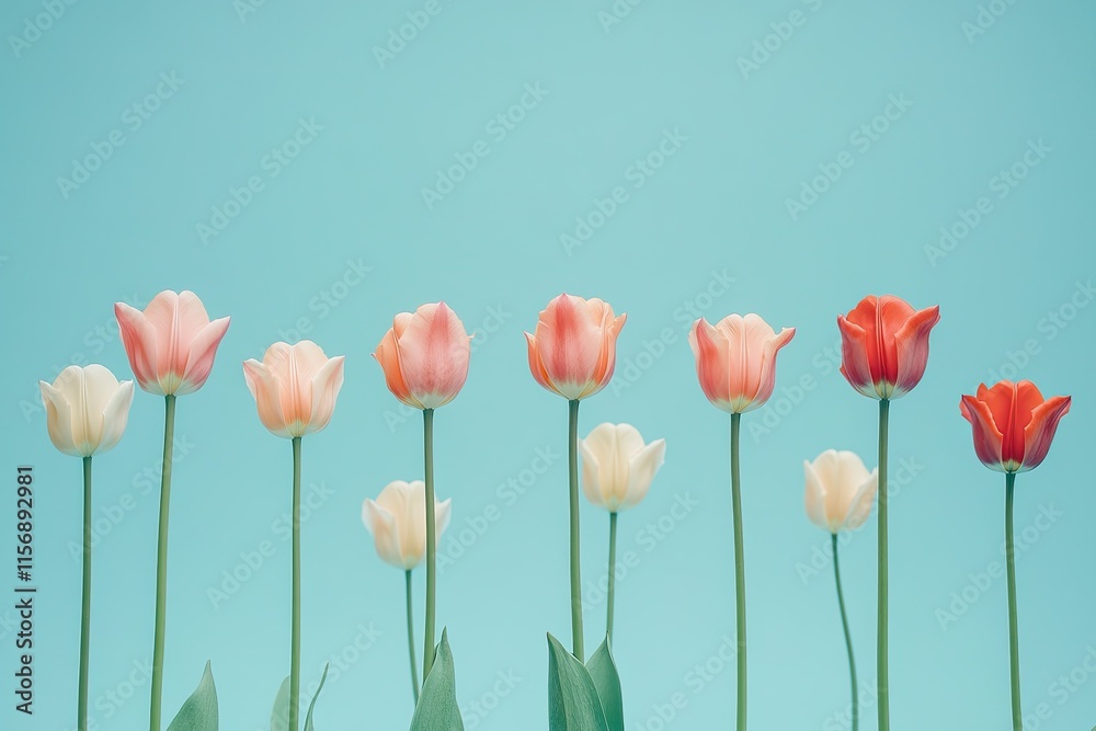 Fototapeta premium Arrangement of tulips lined up against a soft pastel blue background