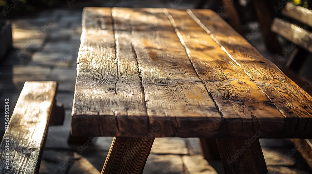 Fototapeta premium Rustic Wooden Picnic Table Photo: Warm Sunlight Bathes Weathered Surface Outdoors. AI Generated
