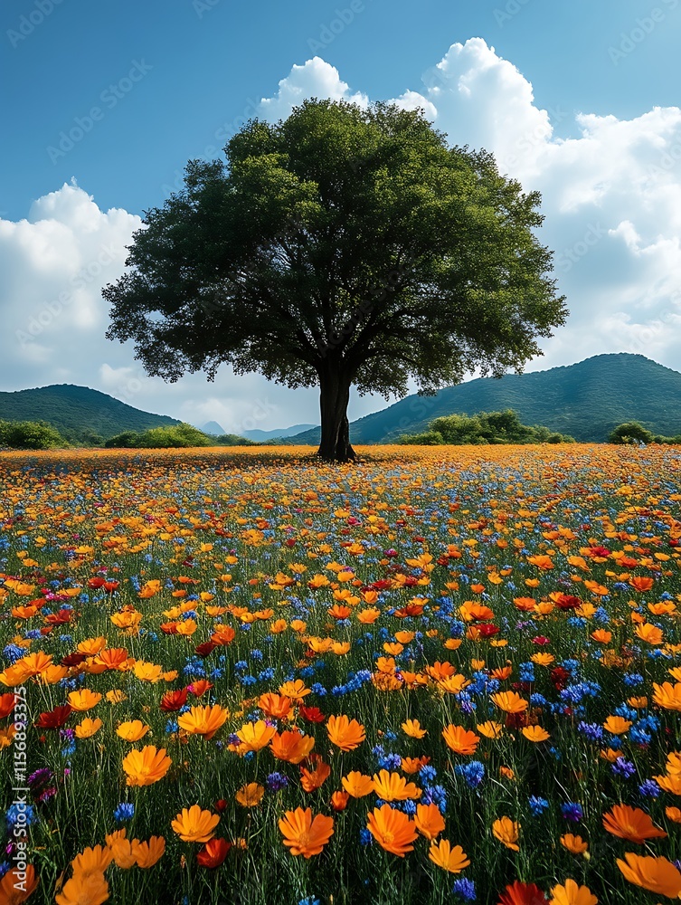 Fototapeta premium Lone tree in vibrant flower field.