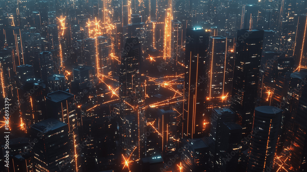 Fototapeta premium Smart digital Innovation city with connection network reciprocity over the cityscape. of future smart wireless digital city and social media networking systems that connects people with in city