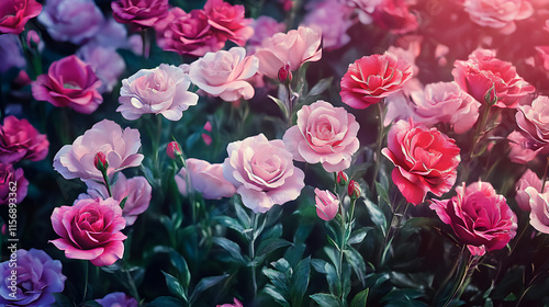 Beautiful Valentine's Day Background with Multicolored Flowers. Floral Wallpaper with Pink and Lilac Roses.