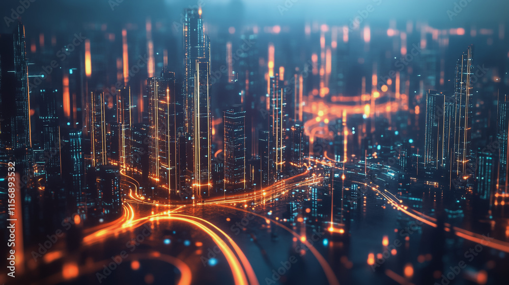 Fototapeta premium Smart digital Innovation city with connection network reciprocity over the cityscape. of future smart wireless digital city and social media networking systems that connects people with in city