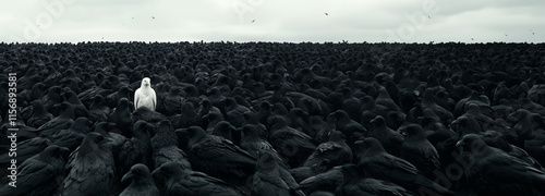 Unique sight of a white raven among a sea of black counterparts in a dramatic landscape, evoking a sense of mystery and wonder at twilight