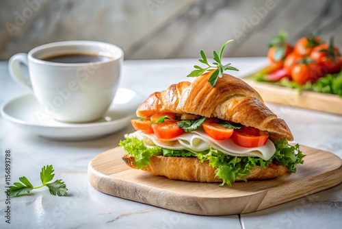 Delicious Salmon Croissant Sandwich & Coffee in Modern White Kitchen - Stock Photo photo