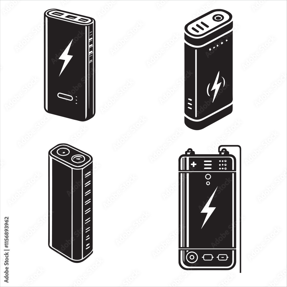 A simple, graphic illustration of a portable power bank connected to a charging cable. A simple, graphic illustration of a portable power bank connected to a charging cable.
