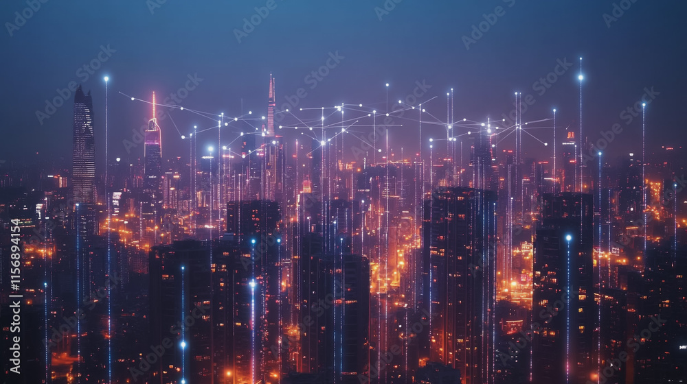 Obraz premium Smart digital Innovation city with connection network reciprocity over the cityscape. of future smart wireless digital city and social media networking systems that connects people with in city