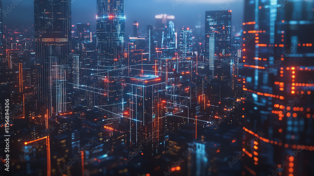Fototapeta premium Smart digital Innovation city with connection network reciprocity over the cityscape. of future smart wireless digital city and social media networking systems that connects people with in city