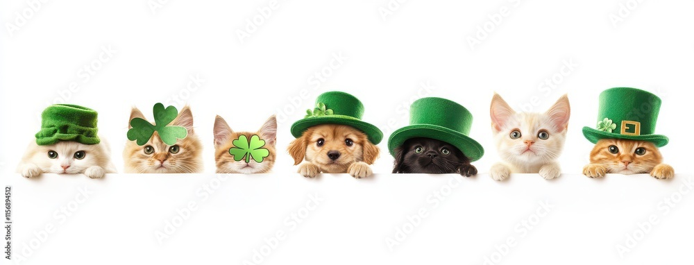 Fototapeta premium Adorable Group of Pets Dressed in Green Accessories for St. Patrick’s Day Celebration with Cats and Dogs Peeking Over a White Background