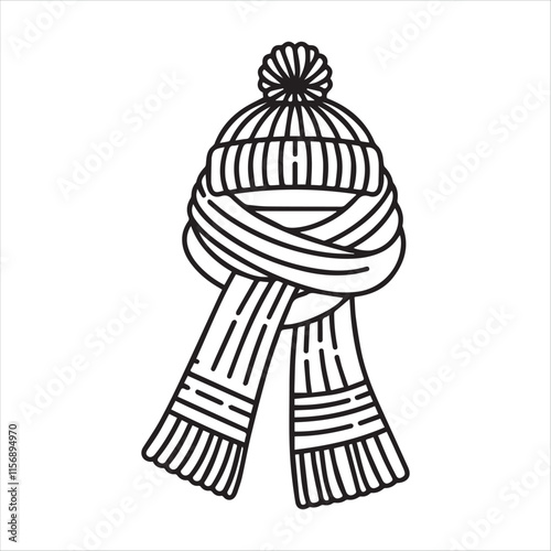 A simple, black and white line art illustration of a warm winter scarf. vector silhouette on a white background