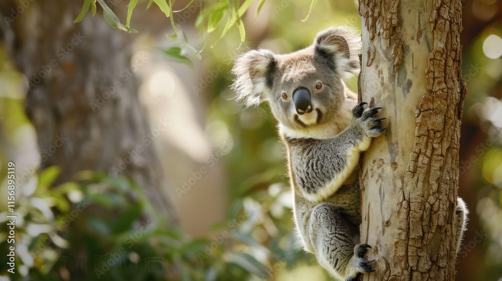 Fototapeta premium Koala clinging to eucalyptus tree trunk.